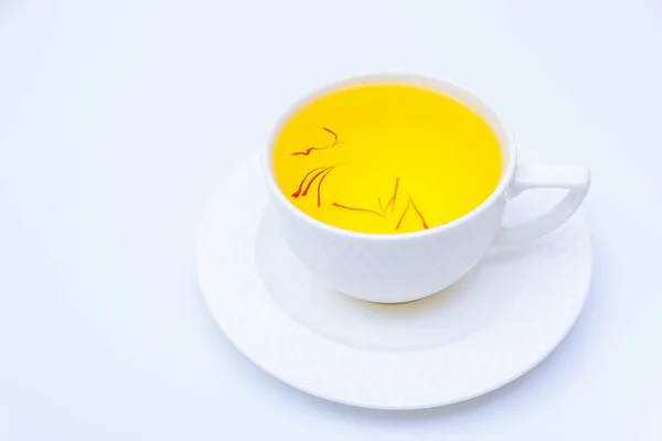 Tea Saffron Stamens White Cup White Background Saffron Drink — Fotografia de Stock