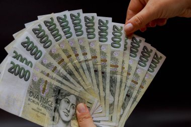 Business woman holding a crown in her hands denomination of two thousand each copy on a black background. The national currency of the Czech Republic.