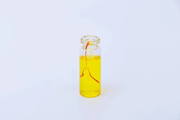 Saffron Drink Small Jar White Background Red Stamens Drink — Foto Stock