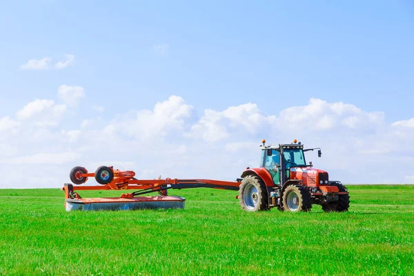 Rotary Mower Attached Tractor Moves Field Mows Fresh Green Grass — 스톡 사진