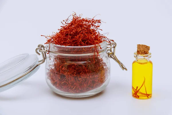 Pile Stamens Glass Jar Saffron Tea Small Jar White Background — Fotografia de Stock