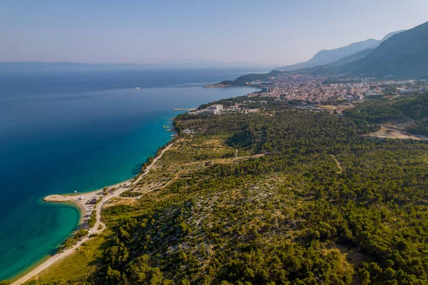 Aerial View Resort Town Sea Pine Forest Croatia Rocky Area — 스톡 사진