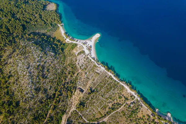 Sea Rocky Terrain Sandy Beach Top View Blue Adriatic Sea — 스톡 사진