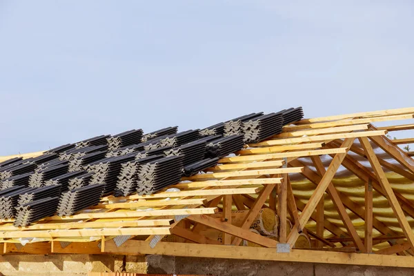 Top View Wooden Roof Structure Frame Beams Farm House Metal — Stock Photo, Image