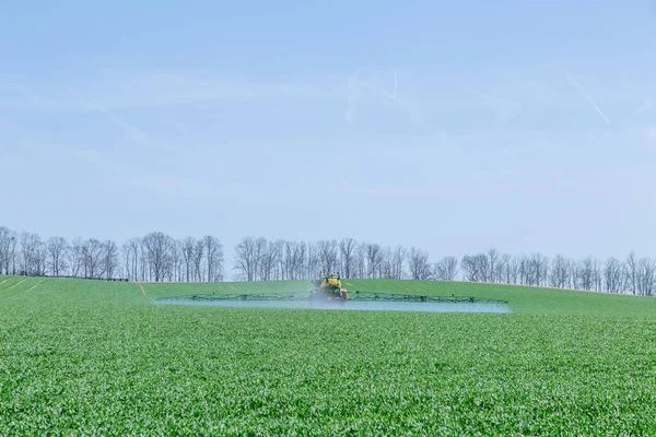 Spraying a green field with a large tractor. Modern technology works in the field.