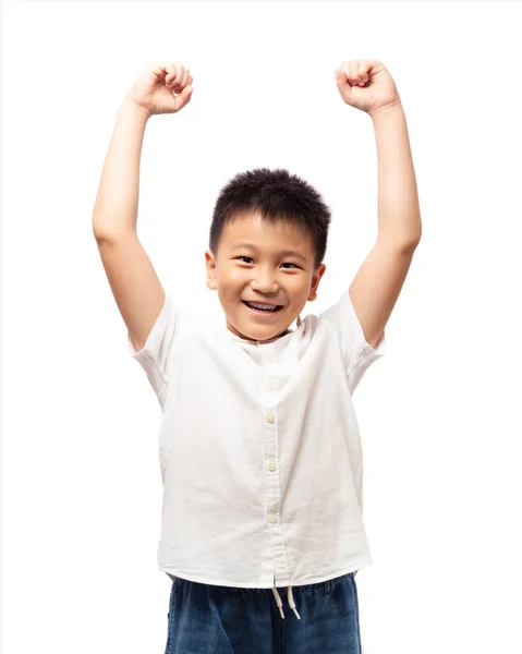 Criança Saudável Feliz Com Mãos Fortes Para Cima Vestindo Camisa — Fotografia de Stock
