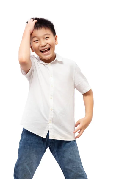 Criança Feliz Divertindo Vestindo Camisa Jeans Isolado Fundo Branco — Fotografia de Stock