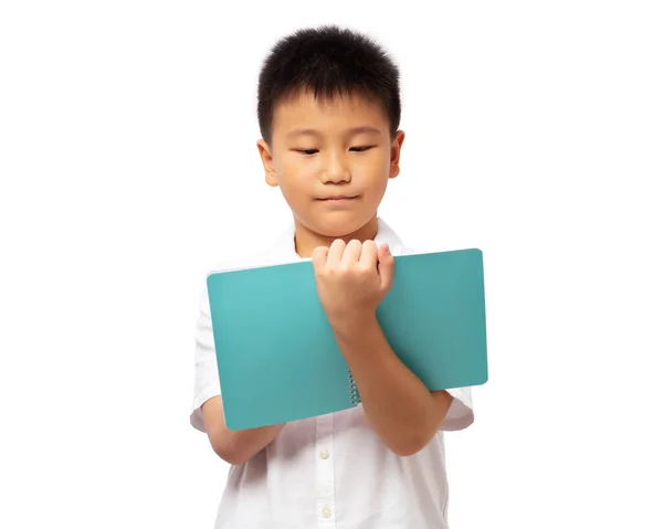 Kid Segurando Escrevendo Caderno Isolado Fundo Branco — Fotografia de Stock