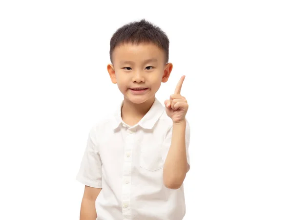 聪明的孩子有思想和手指指向孤立的白色背景 — 图库照片