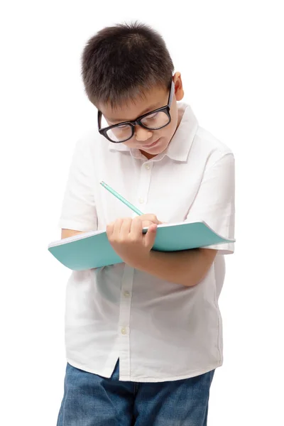 Criança Segurando Caderno Escrita Vestindo Óculos Camisa Branca Isolada Fundo — Fotografia de Stock