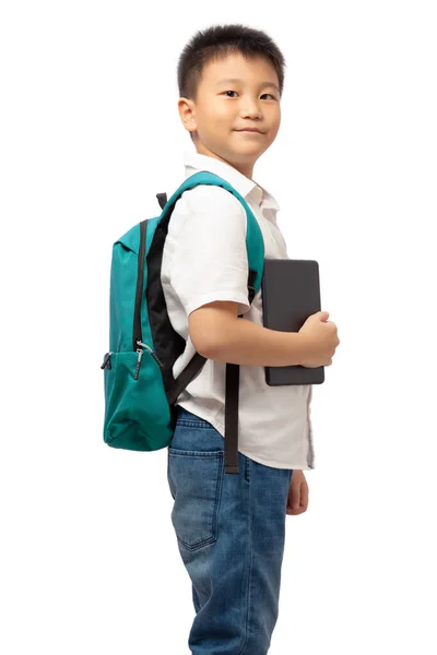 Dítě Školním Batohem Drží Tablet Izolované Bílém Pozadí — Stock fotografie