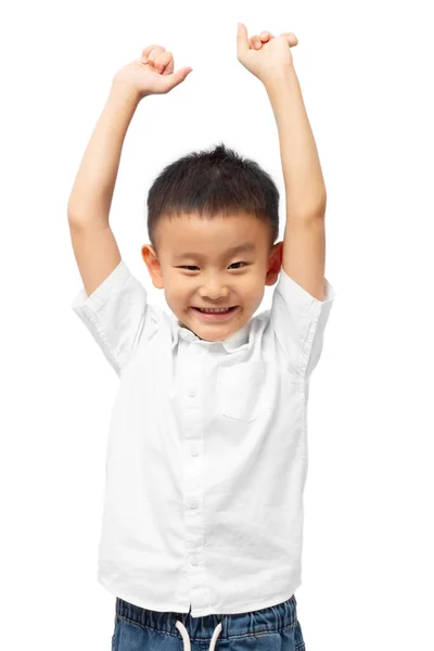 Счастливый Ребенок Улыбается Поднятыми Руками Белой Рубашке Белом Фоне — стоковое фото