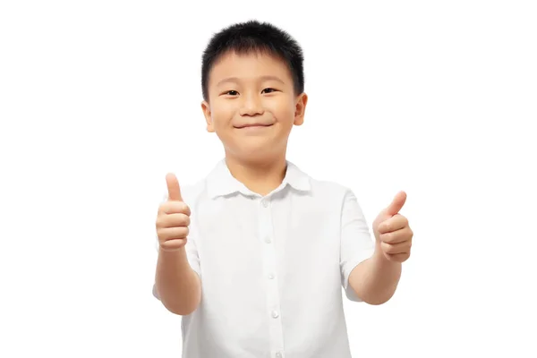 Criança Feliz Dando Tocos Usando Camisa Branca Isolada Fundo Branco — Fotografia de Stock