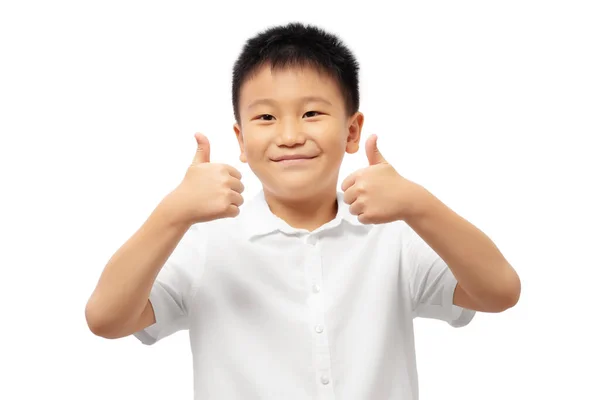Criança Sorrindo Com Tocos Para Cima Vestindo Camisa Branca Isolada — Fotografia de Stock