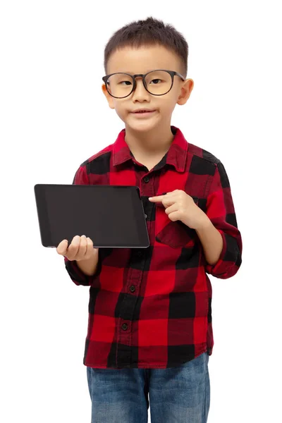 Criança Inteligente Vestindo Óculos Com Mão Segurando Dedo Apontando Para — Fotografia de Stock
