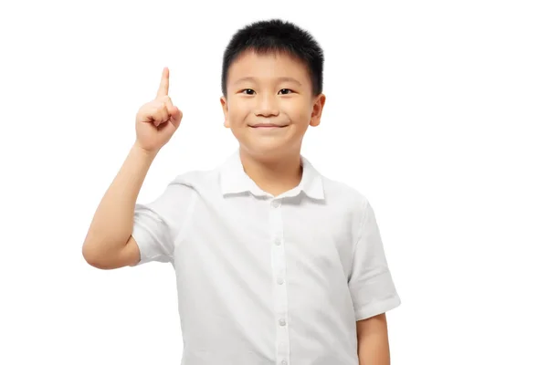 Glimlachend Kind Met Wijzende Vinger Nummer Één Draagt Wit Shirt — Stockfoto