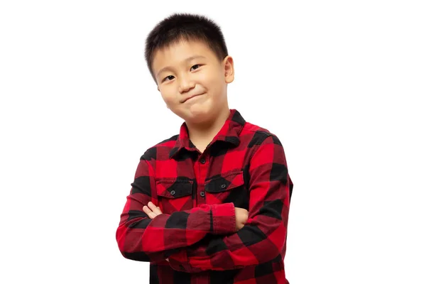 Niño Inteligente Pensando Con Brazo Cruzado Con Camisa Roja Aislada —  Fotos de Stock