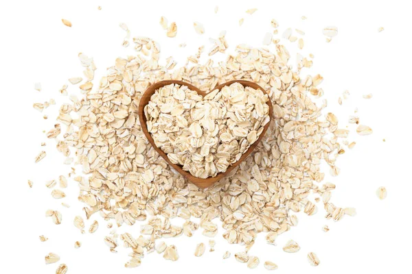 Oat Flakes Raw Oatmeal Heart Shape Wooden Bowl Isolated White — стоковое фото