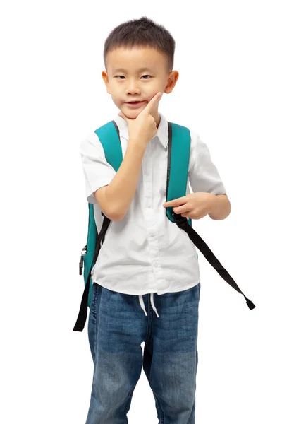 Smart Schulkind Mit Rucksack Trägt Weißes Hemd Isoliert Auf Weißem — Stockfoto