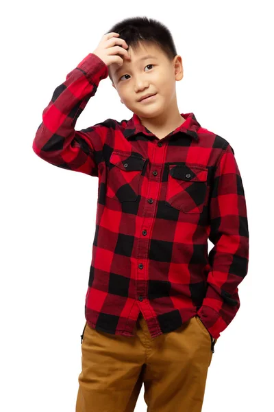 Moda Dziecko Myślenie Ręka Drapanie Głowa Noszenie Czerwony Koszula Izolowane — Zdjęcie stockowe