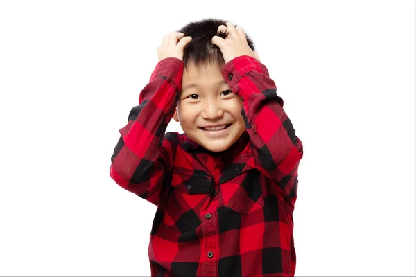 Confused Funny Kid Scratching Head Wearing Head Shirt Isolated White — 스톡 사진