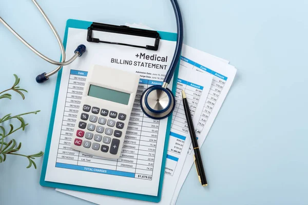 Medical billing statement with calculator, hospital payment, healthcare cost on blue background, top view with copy space