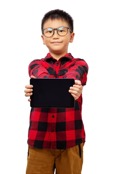 Kid Holding Tablet Present Wearing Eyeglasses Red Shirt Isolated White — Fotografia de Stock