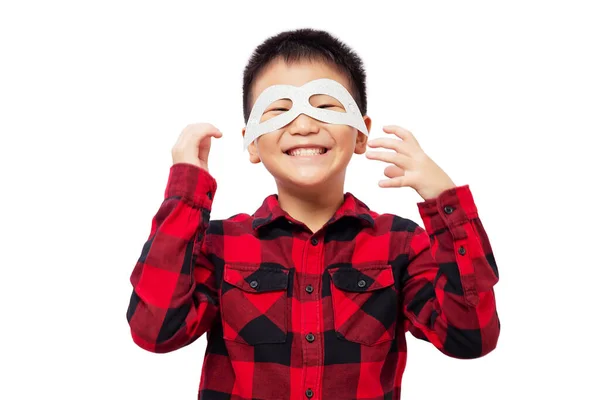 Kid Laughing Having Fun Playing Superhero Eye Mask Upside Isolated — Fotografia de Stock