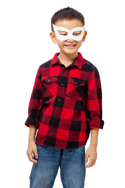 Happy Kid Wearing Eye Mask Playing Superhero Wearing Red Shirt — Zdjęcie stockowe