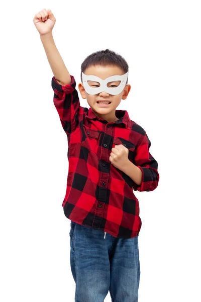 Kid Posing Superhero Eye Mask Wearing Red Shirt Isolated White — Foto Stock