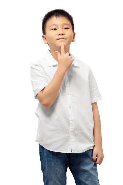 Kid Thinking Finger Chin Wearing Shirt Isolated White Background — Stock Fotó