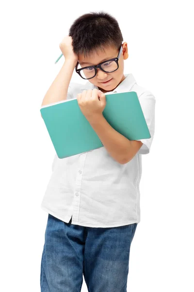 Kid Hand Head Holding Book Thinking Doing Homework Learning Difficulties — Foto Stock