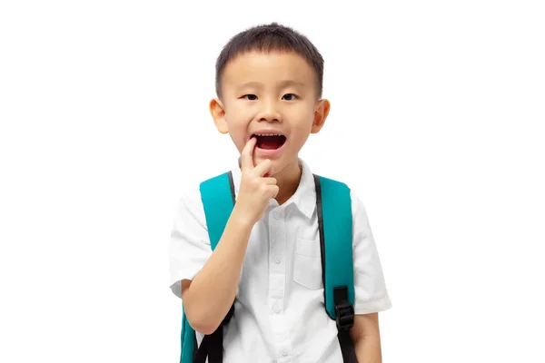 Kid Finger Pointing Teeth Having Toothache Isolated White Background — 스톡 사진