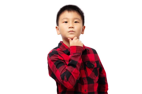 Curious Kid Hand Chin Wearing Red Shirt Isolated White Background — Zdjęcie stockowe