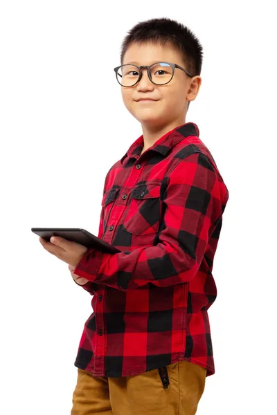 Smart Kid Smile Holding Tablet Wearing Eyeglasses Isolated White Background — 스톡 사진
