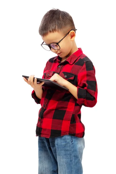 Kid Standing Wearing Eyeglasses Playing Game Tablet Isolated White Background — Fotografia de Stock