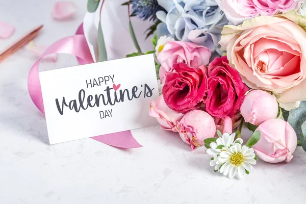 Happy Valentine Day Card Flower Bouquet Roses Pink Ribbon Marble — Photo