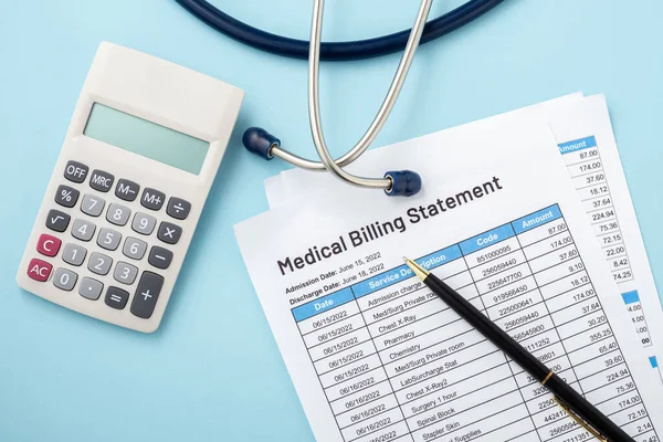 Medical billing statement with calculator and pen, healthcare payment on blue background
