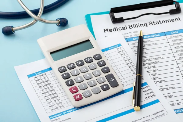 Medical bill and healthcare payment concept on blue background