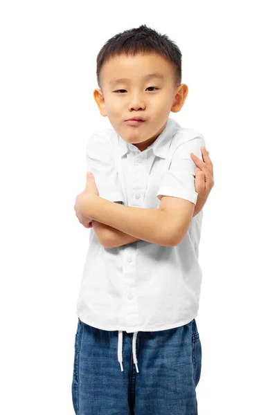 Braccia Incrociate Bambini Con Divertente Viso Infastidito Indossando Camicia Bianca — Foto Stock
