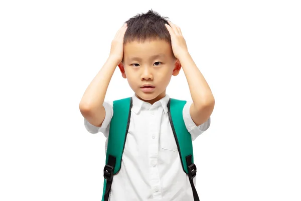 School Kind Zet Handen Het Hoofd Met Zorg Angst Geïsoleerd — Stockfoto