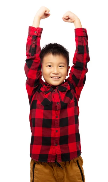 Glückliches Kind Lächelt Mit Erhobenen Händen Gewinnt Und Erfolg Trägt — Stockfoto