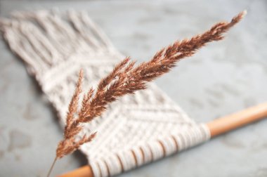 Arka plandaki kuru çimenler boho makrome tarzında dekore edilmiş.