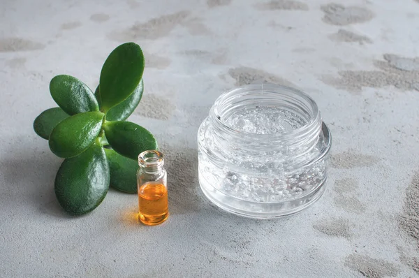 Textura Gel Con Burbujas Ácido Hialurónico Ramas Aloe Vera Frasco — Foto de Stock