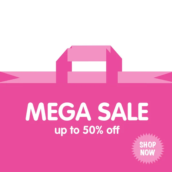 50 Prozent Rabatt. Pinkfarbenes Mega Sale Poster mit Einkaufstasche. Mega-Discount-Verkauf. Schwarzer Freitag. Banner zur Vektorillustration. — Stockvektor