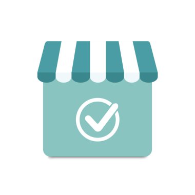 İnternetten alışveriş ikonu. Konsept Pazarlama ve Dijital Pazarlama. Model dükkanı ve kontrol işareti. Başvuru ve web sitesi konsepti üzerinden online alışveriş. Vektör