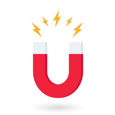 Beyaz zemin üzerinde manyetik güç işareti olan kırmızı at nalı mıknatısı. u şekilli mıknatıs simgesi. Manyetizma, manyetizma, çekim konsepti. Vektör illüstrasyonu.