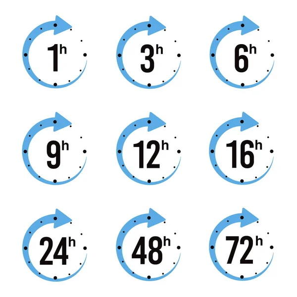 Zestaw ikon czasu dostawy zegara strzałka 1, 3, 6, 9, 12, 16, 24, 48, 72 godzin dla projektu, ilustracja wektor czas. — Wektor stockowy