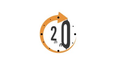 Beyaz arkaplanda 20 dakikalık zamanlayıcı sembolü renk biçimi izole edildi. 20 dakikalık zaman dairesi simgesi. 20 dakikalık animasyon zamanlayıcısı simgesi. Saat, kronometre, pişirme zamanı etiketi. Hareket