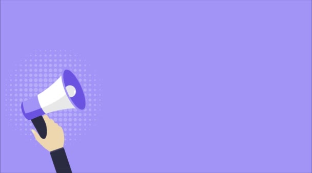 Рука держит мегафон с текстом Срочные новости на фиолетовом фоне. Громкоговоритель. Видеографика 4K — стоковое видео